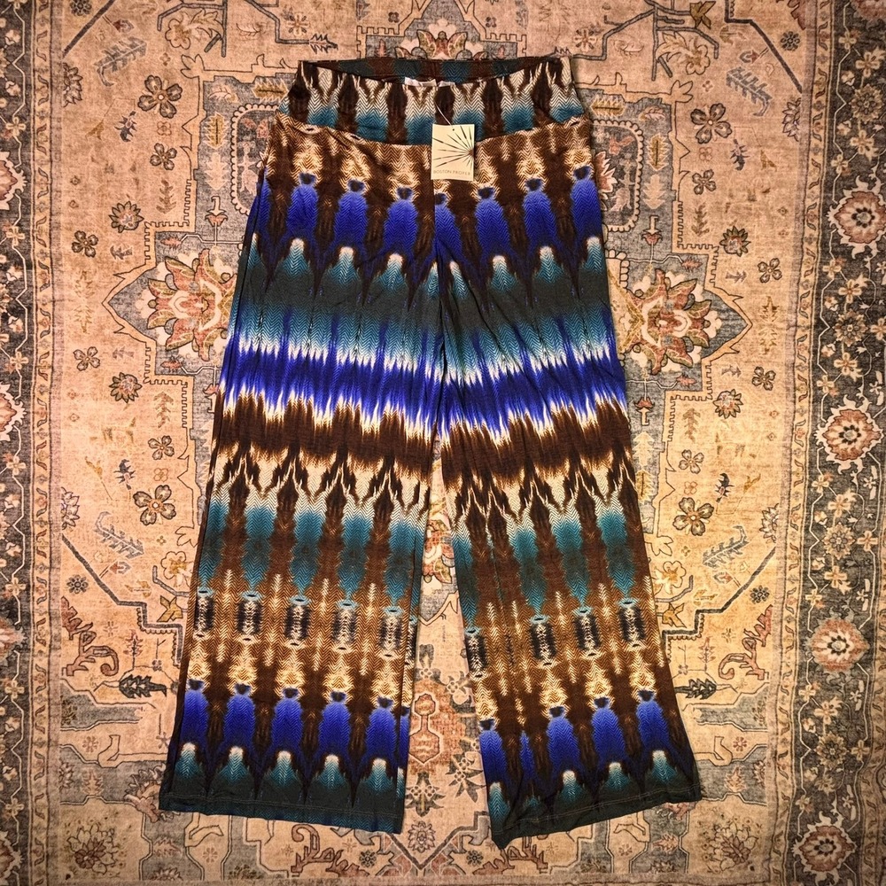 Boston Proper Ikat Palazzo Pant Brown Multi Blue Chevron Wide Leg Size M NEW Tag